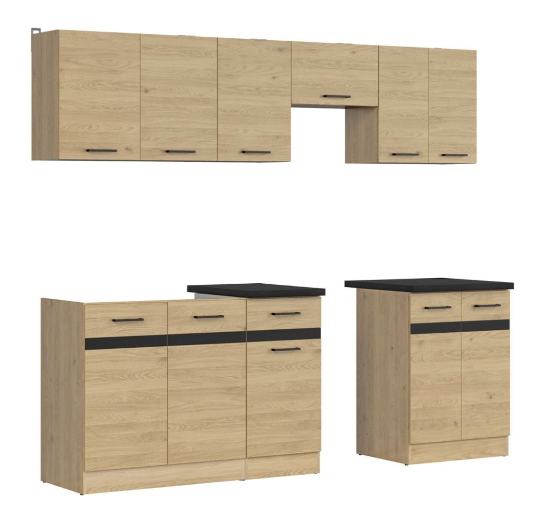 Virtuvės komplektas su stalviršiu 230 cm JUNONA LINE Bernstein ąžuolas/metalinis juodo aukso skalūnas