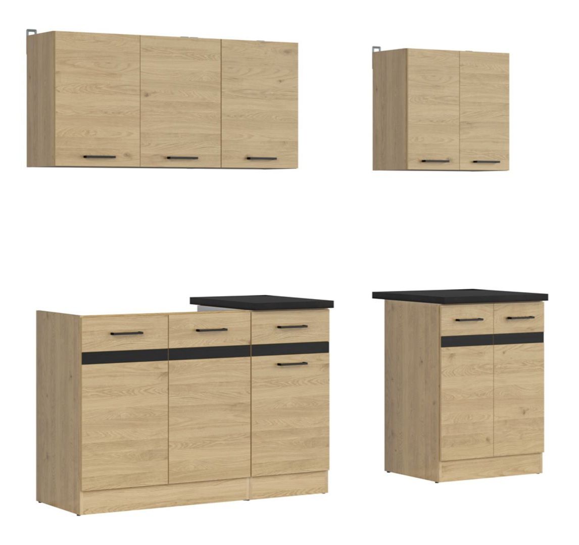 Virtuvės komplektas su stalviršiu A 180 cm JUNONA LINE Bernstein ąžuolas/metalinis juodo aukso skalūnas