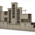 Labai didelė klasikinė sieninė spintelė su triguba vitrina, erdvia spinta ir televizoriaus staliuku, 440 × 207 cm, Sonoma Jasna – HADES + Drabužinė + TV