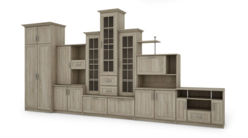 Labai didelė klasikinė sieninė spintelė su triguba vitrina, erdvia spinta ir televizoriaus staliuku, 440 × 207 cm, Sonoma Jasna – HADES + Drabužinė + TV