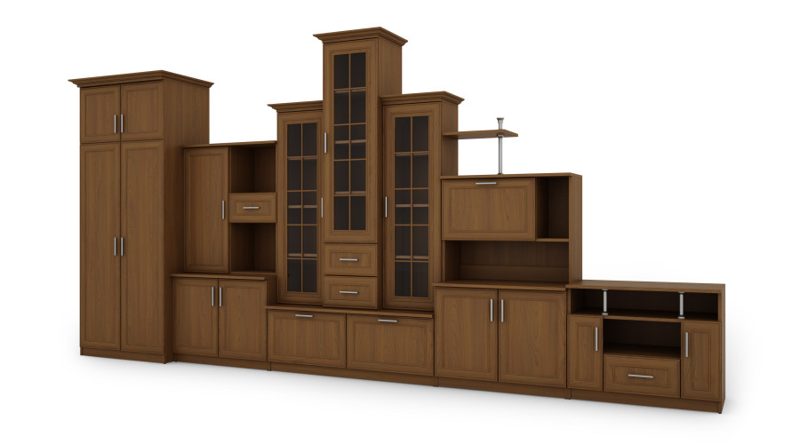 Labai didelė klasikinė sieninė spintelė su triguba vitrina, erdvia spinta ir televizoriaus staliuku 440 × 207 cm Wiśnia Porto – HADES + Drabužinė + TV - Paveikslėlis 2