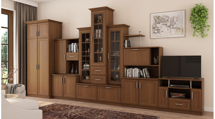 Labai didelė klasikinė sieninė spintelė su triguba vitrina, erdvia spinta ir televizoriaus staliuku 440 × 207 cm Wiśnia Porto – HADES + Drabužinė + TV - Paveikslėlis 3