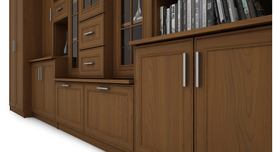 Labai didelė klasikinė sieninė spintelė su triguba vitrina, erdvia spinta ir televizoriaus staliuku 440 × 207 cm Wiśnia Porto – HADES + Drabužinė + TV - Paveikslėlis 5