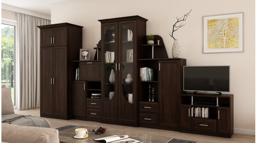 Labai didelė klasikinė sieninė spintelė su stikline vitrina, spinta ir televizoriumi 400 × 207 cm Sonoma Ciemna – TEXAS + Spinta + TV - Paveikslėlis 2