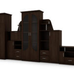 Labai didelė klasikinė sieninė spintelė su stikline vitrina, spinta ir televizoriumi 400 × 207 cm Sonoma Ciemna – TEXAS + Spinta + TV