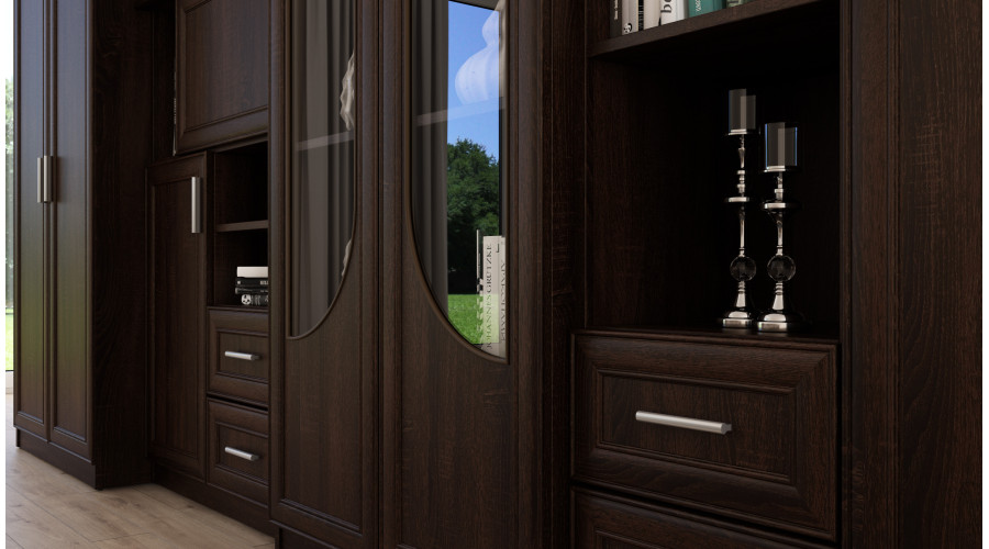Labai didelė klasikinė sieninė spintelė su stikline vitrina, spinta ir televizoriumi 400 × 207 cm Sonoma Ciemna – TEXAS + Spinta + TV - Paveikslėlis 4