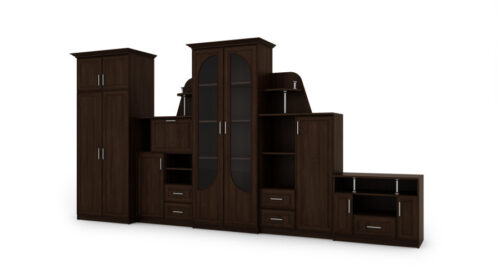 Labai didelė klasikinė sieninė spintelė su stikline vitrina, spinta ir televizoriumi 400 × 207 cm Sonoma Ciemna – TEXAS + Spinta + TV