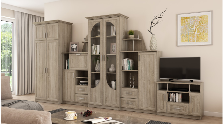 Labai didelė klasikinė sieninė spintelė su stikline vitrina, spinta ir televizoriumi, 400 × 207 cm, Sonoma Jasna – TEXAS + Drabužinė + TV - Paveikslėlis 2