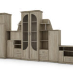 Labai didelė klasikinė sieninė spintelė su stikline vitrina, spinta ir televizoriumi, 400 × 207 cm, Sonoma Jasna  – TEXAS + Drabužinė + TV