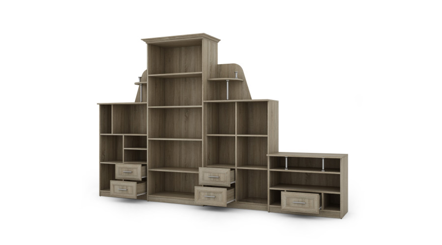 Labai didelė klasikinė sieninė spintelė su stikline vitrina, spinta ir televizoriumi, 400 × 207 cm, Sonoma Jasna – TEXAS + Drabužinė + TV - Paveikslėlis 3