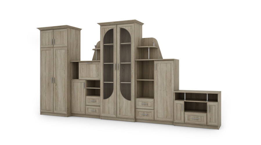 Labai didelė klasikinė sieninė spintelė su stikline vitrina, spinta ir televizoriumi, 400 × 207 cm, Sonoma Jasna – TEXAS + Drabužinė + TV