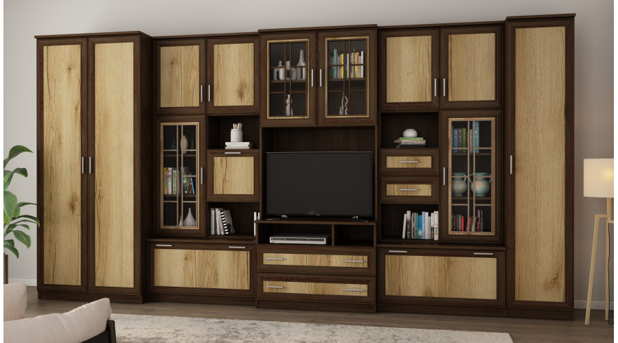 Labai erdvi televizoriaus sieninė spintelė su spinta 405 × 210 cm Sonoma Ciemna – LENA - Paveikslėlis 2