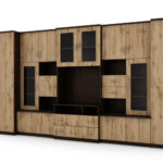 Labai erdvi televizoriaus sieninė spintelė su spinta 405 × 210 cm, Sonoma Ciemna / Dąb Wotan – LENA