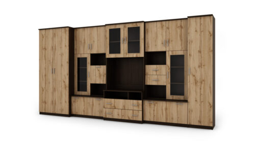 Labai erdvi televizoriaus sieninė spintelė su spinta 405 × 210 cm, Sonoma Ciemna / Dąb Wotan – LENA