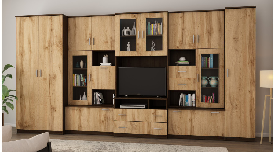 Labai erdvi televizoriaus sieninė spintelė su spinta 405 × 210 cm, Sonoma Ciemna / Dąb Wotan – LENA — изображение 2