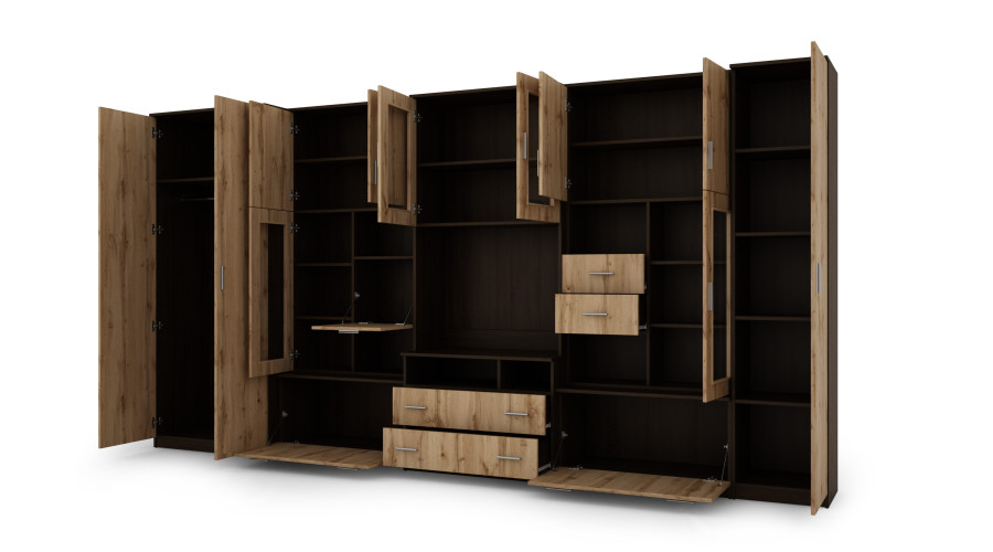 Labai erdvi televizoriaus sieninė spintelė su spinta 405 × 210 cm, Sonoma Ciemna / Dąb Wotan – LENA — изображение 3