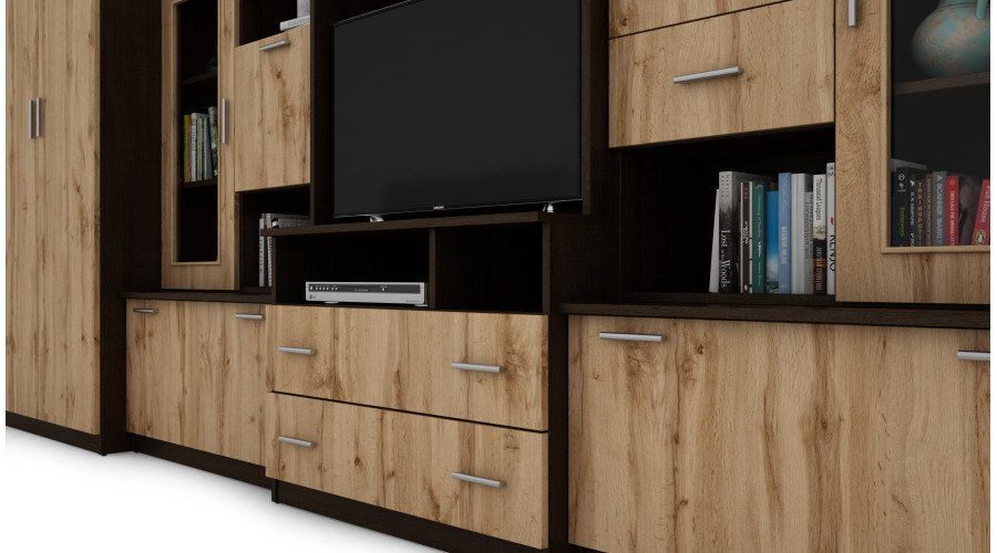 Labai erdvi televizoriaus sieninė spintelė su spinta 405 × 210 cm, Sonoma Ciemna / Dąb Wotan – LENA — изображение 5