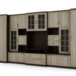 Labai erdvi televizoriaus sieninė spintelė su spinta 405 × 210 cm Sonoma Ciemna / Sonoma Jasna – LENA