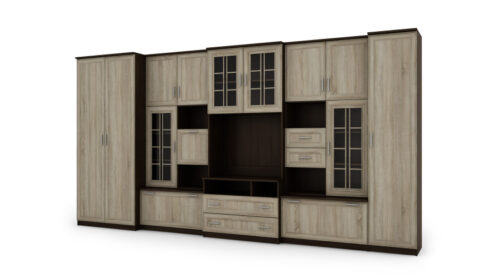 Labai erdvi televizoriaus sieninė spintelė su spinta 405 × 210 cm Sonoma Ciemna / Sonoma Jasna – LENA