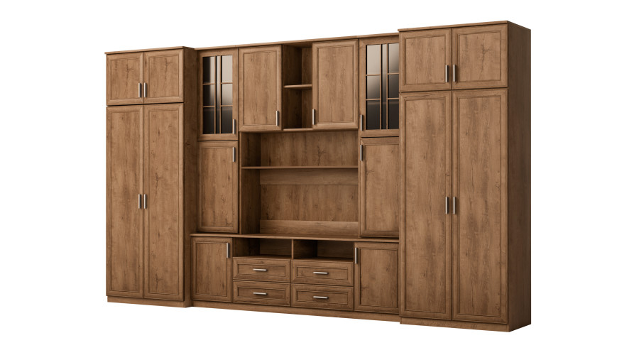 Didelė sieninė spintelė su erdviomis spintomis ir vitrinomis, 390 × 232 cm, Dab Artisan – SAWA