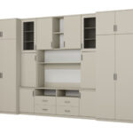 Didelė sieninė spintelė su erdviomis spintomis ir vitrinomis, 390 × 232 cm, Kaszmirowy Beż – SAWA