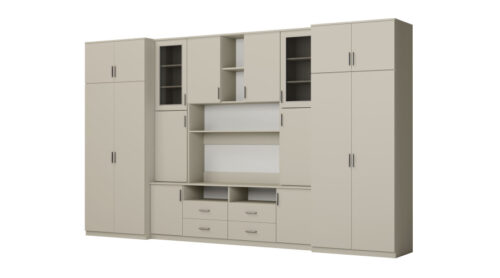 Didelė sieninė spintelė su erdviomis spintomis ir vitrinomis, 390 × 232 cm, Kaszmirowy Beż – SAWA