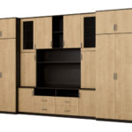 Didelė sieninė spintelė su erdviomis spintomis ir vitrinomis 390 × 232 cm, Sonoma Ciemna / Dąb Hamilton– SAWA