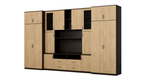 Didelė sieninė spintelė su erdviomis spintomis ir vitrinomis 390 × 232 cm, Sonoma Ciemna / Dąb Hamilton– SAWA