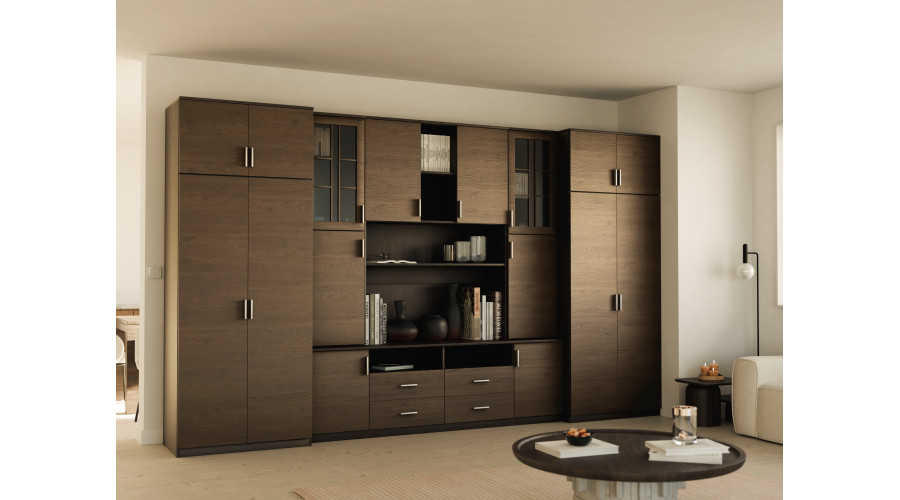 Didelė sieninė spintelė su erdviomis spintomis ir vitrinomis 390 × 232 cm, Sonoma Ciemna / Orzech Okapi – SAWA — изображение 2