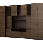 Didelė sieninė spintelė su erdviomis spintomis ir vitrinomis 390 × 232 cm, Sonoma Ciemna / Orzech Okapi – SAWA