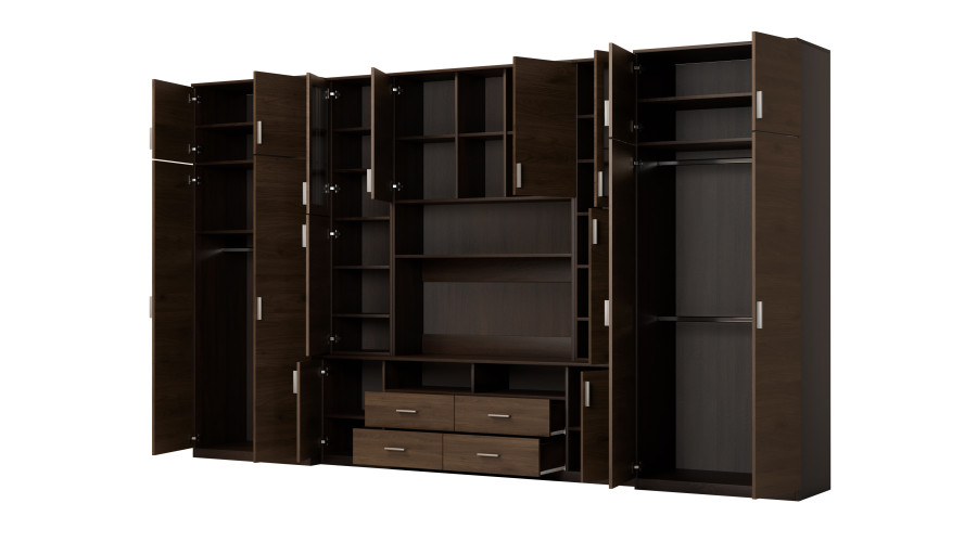 Didelė sieninė spintelė su erdviomis spintomis ir vitrinomis 390 × 232 cm, Sonoma Ciemna / Orzech Okapi – SAWA — изображение 3