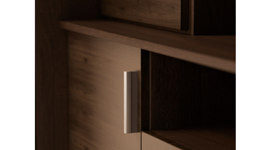 Didelė sieninė spintelė su erdviomis spintomis ir vitrinomis 390 × 232 cm, Sonoma Ciemna / Orzech Okapi – SAWA — изображение 5