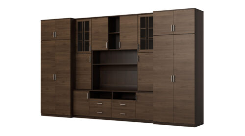 Didelė sieninė spintelė su erdviomis spintomis ir vitrinomis 390 × 232 cm, Sonoma Ciemna / Orzech Okapi – SAWA