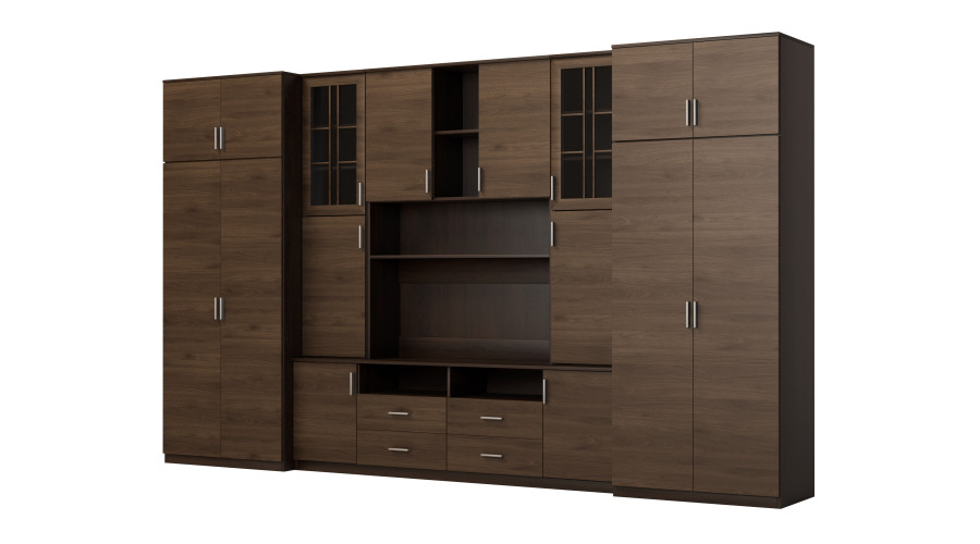 Didelė sieninė spintelė su erdviomis spintomis ir vitrinomis 390 × 232 cm, Sonoma Ciemna / Orzech Okapi – SAWA