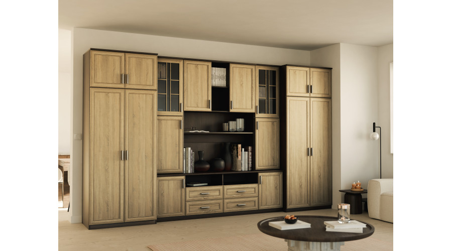 Didelė sieninė spintelė su erdviomis spintomis ir vitrinomis 390 × 232 cm Sonoma Ciemna / Sonoma Jasna – SAWA - Paveikslėlis 2