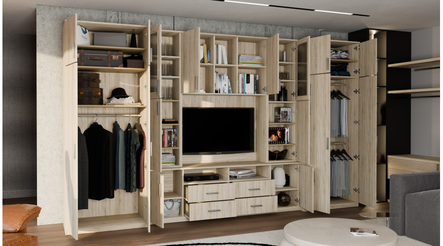 Didelė sieninė spintelė su erdviomis spintomis ir vitrinomis 390 × 232 cm Sonoma Ciemna / Sonoma Jasna – SAWA - Paveikslėlis 6