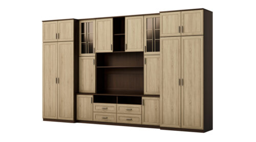 Didelė sieninė spintelė su erdviomis spintomis ir vitrinomis 390 × 232 cm Sonoma Ciemna / Sonoma Jasna – SAWA