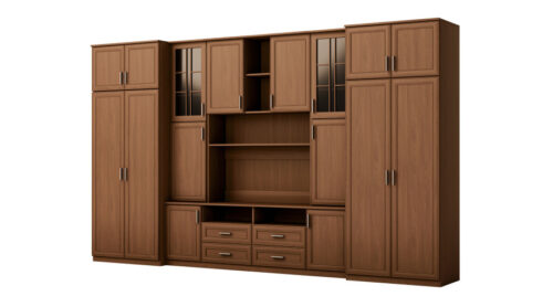 Didelė sieninė spintelė su erdviomis spintomis ir vitrinomis 390 × 232 cm Wiśnia Porto – SAWA