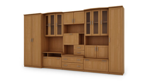 Didelė sieninė spintelė su erdviomis spintomis, vitrinomis ir baru 360 × 200 cm Olcha – HAVANA