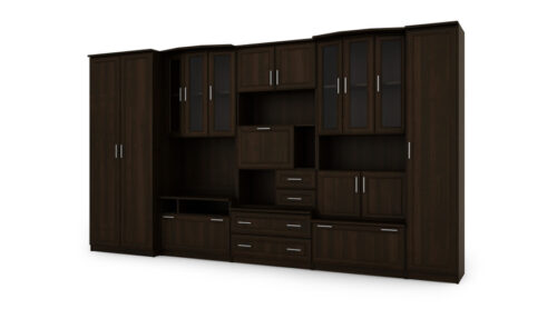 Didelė sieninė spintelė su erdviomis spintomis, vitrinomis ir baru 360 × 200 cm Sonoma Ciemna – HAVANA