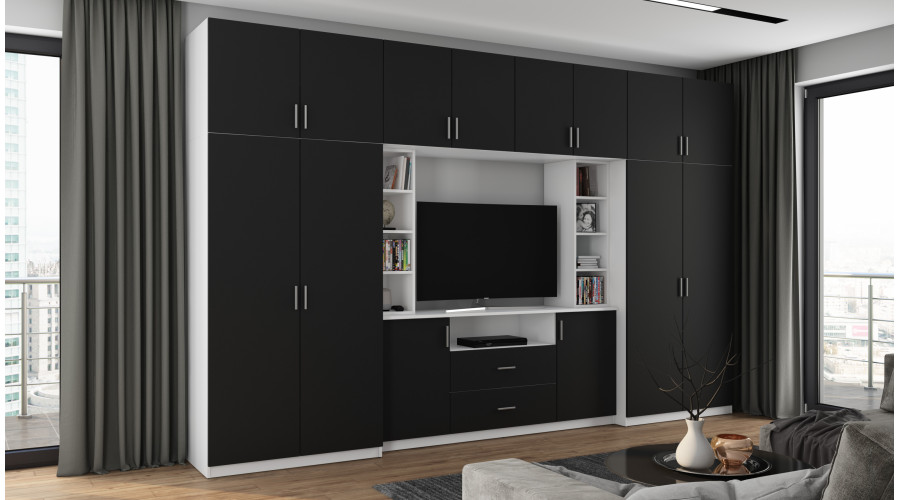 Elegantiška sieninė spintelė su spintomis ir televizoriaus lentyna 380 × 240 cm, Biel / Czarny – DAKO - Paveikslėlis 2