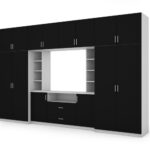 Elegantiška sieninė spintelė su spintomis ir televizoriaus lentyna 380 × 240 cm, Biel / Czarny – DAKO