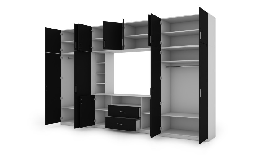 Elegantiška sieninė spintelė su spintomis ir televizoriaus lentyna 380 × 240 cm, Biel / Czarny – DAKO - Paveikslėlis 3