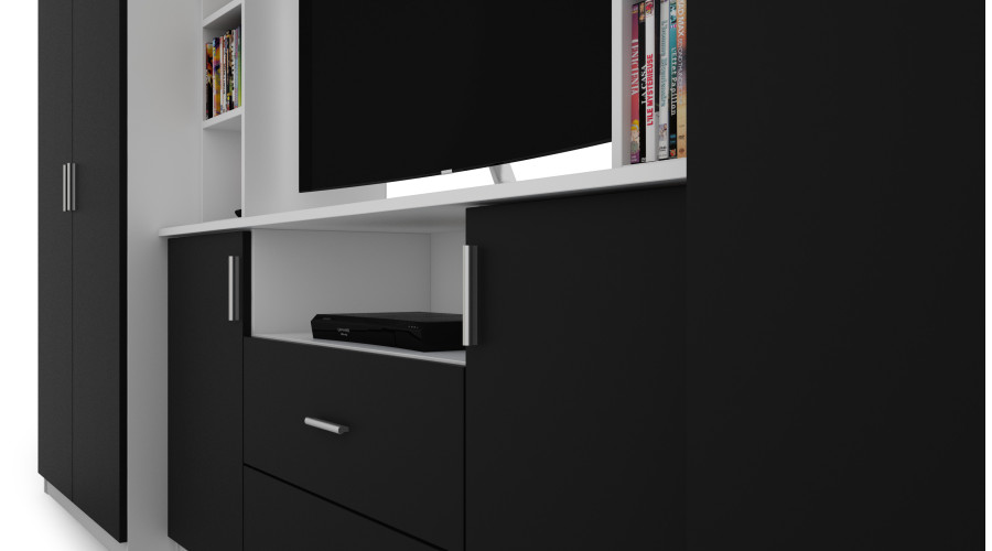 Elegantiška sieninė spintelė su spintomis ir televizoriaus lentyna 380 × 240 cm, Biel / Czarny – DAKO - Paveikslėlis 5