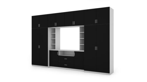 Elegantiška sieninė spintelė su spintomis ir televizoriaus lentyna 380 × 240 cm, Biel / Czarny – DAKO