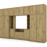 Elegantiška sieninė spintelė su spintomis ir televizoriaus lentyna, 380 × 240 cm, Dąb Artisan – DAKO