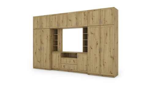 Elegantiška sieninė spintelė su spintomis ir televizoriaus lentyna, 380 × 240 cm, Dąb Artisan – DAKO