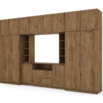 Elegantiška sieninė spintelė su spintomis ir televizoriaus lentyna, 380 × 240 cm, Dąb Lefkas – DAKO
