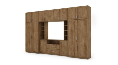Elegantiška sieninė spintelė su spintomis ir televizoriaus lentyna, 380 × 240 cm, Dąb Lefkas – DAKO