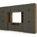 Elegantiška sieninė spintelė su spintomis ir televizoriaus lentyna 380 × 240 cm Dąb Lefkas / Grafit  – DAKO